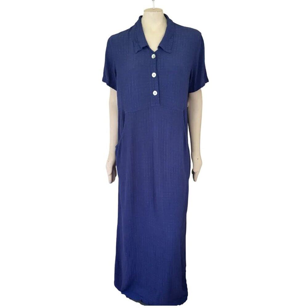NEW CUT LOOSE Short Sleeve Textured Popover Maxi Dress in Indigo Blue  SZ M